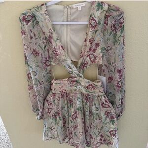 Roman Holiday Floral Mini Dress in Beige and Pink